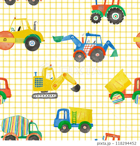 Beautiful vector childish seamless pattern with hand drawn watercolor kid toys illustrations. Construction equipment concrete mixer dump truck excavator tractor. Beautiful vector childish seamless pattern with hand drawn watercolor kid toys illustrations. Construction equipment concrete mixer dump truck excavator tractor. 118294452
