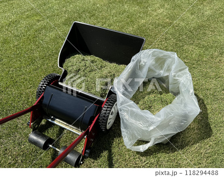 手動芝刈り機で刈り集めた芝生 手動芝刈り機で刈り集めた芝生 118294488