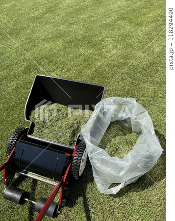 手動芝刈り機で刈り集めた芝生 118294490