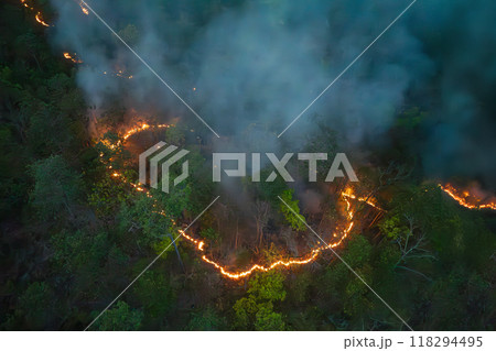 Bushfires in tropical forest release carbon dioxide (CO2) emissions and other greenhouse gases (GHG) that contribute to climate change. Bushfires in tropical forest release carbon dioxide (CO2) emissions and other greenhouse gases (GHG) that contribute to climate change. 118294495