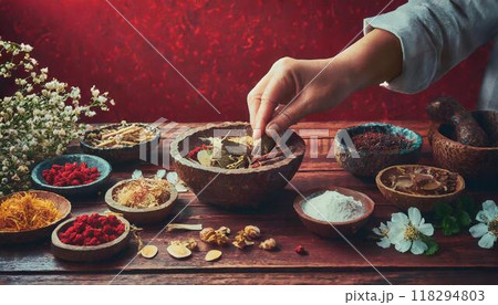 漢方薬のイメージ背景 調合する人 赤色の背景 漢方薬のイメージ背景 調合する人 赤色の背景 118294803