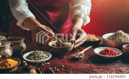 漢方薬のイメージ背景　調合する人　赤色の背景 118294805