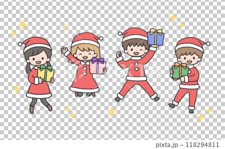 プレゼントを持ってジャンプするサンタコスチュームの子どもたち 118294811