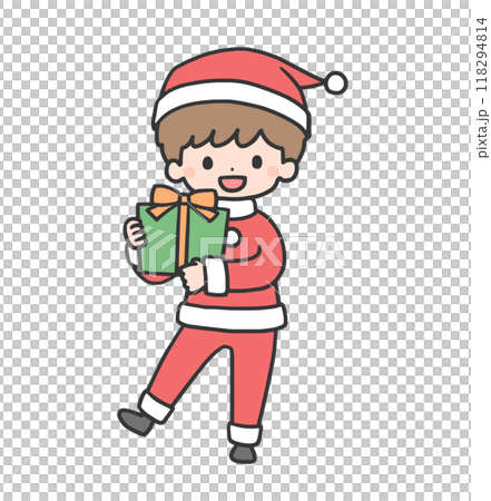 穿著聖誕老人服裝的男孩帶著禮物跳躍 118294814