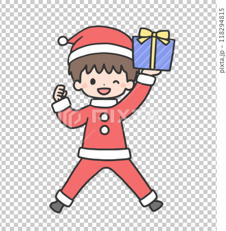 穿著聖誕老人服裝的男孩帶著禮物跳躍 118294815