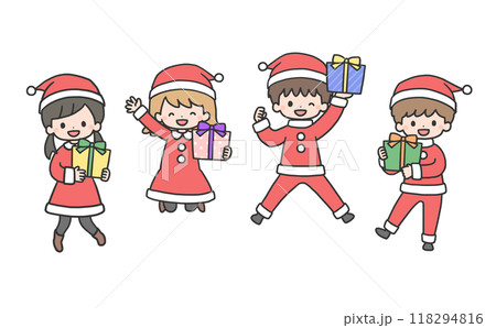 プレゼントを持ってジャンプするサンタコスチュームの子どもたち 118294816