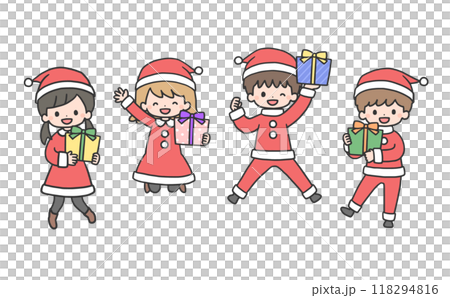 プレゼントを持ってジャンプするサンタコスチュームの子どもたち 118294816