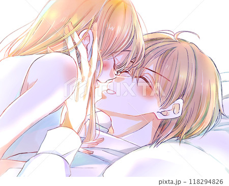 ベッドでたわむれる男女カップル　笑顔　手を添える 118294826