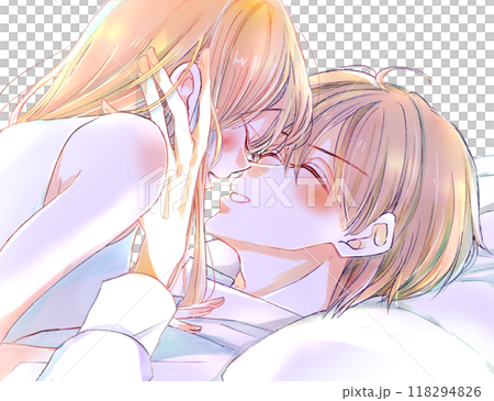 ベッドでたわむれる男女カップル　笑顔　手を添える 118294826