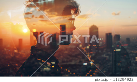 Double exposure image of a person's silhouette overlaid on a cityscape at sunset, creating a blend of urban and human elements. 118294922