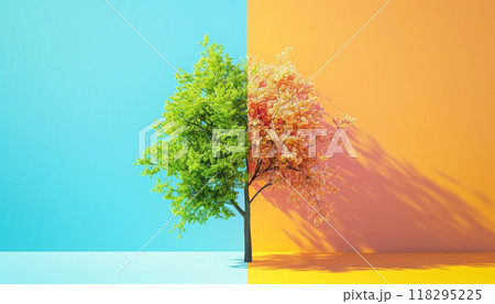 A vibrant tree split between green and autumn...のイラスト素材 [118295225] - PIXTA