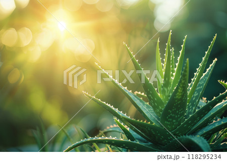 Close-up of a green aloe vera plant in sunlight, capturing the freshness and natural beauty of the succulent against a soft blurred background. 118295234