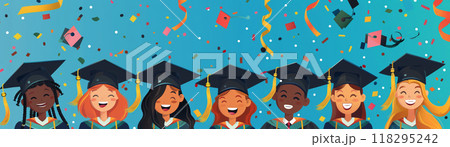 Colorful and joyful illustration of diverse graduates celebrating their achievement with confetti and smiles. 118295242