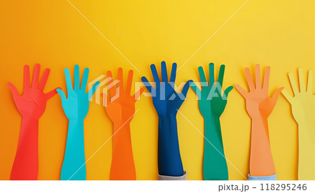 Colorful paper cut-out hands raised against a vibrant yellow background, symbolizing diversity, inclusion, and unity. 118295246