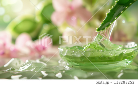 Fresh aloe vera gel dripping from a leaf into a bowl with blurred floral background, symbolizing natural skincare and health properties. Fresh aloe vera gel dripping from a leaf into a bowl with blurred floral background, symbolizing natural skincare and health properties. 118295252