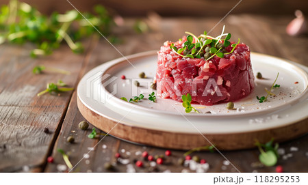 Gourmet beef tartare dish garnished with fresh herbs, served on a white plate with rustic wooden background. 118295253