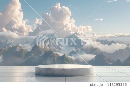 Scenic mountain view with a marble podium, cloudy sky, and lush peaks. Ideal for product display or nature background. Scenic mountain view with a marble podium, cloudy sky, and lush peaks. Ideal for product display or nature background. 118295336