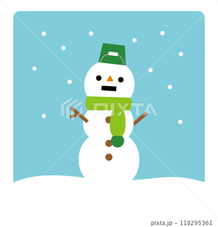 かわいい雪だるまの平面イラスト、雪が降る背景と大きな雪だるまのクリップアート 118295361