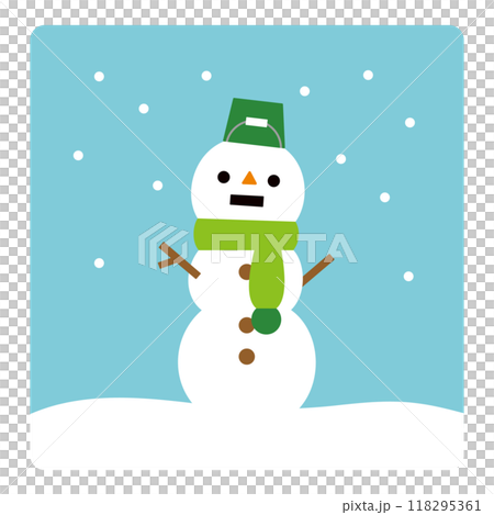 かわいい雪だるまの平面イラスト、雪が降る背景と大きな雪だるまのクリップアート 118295361