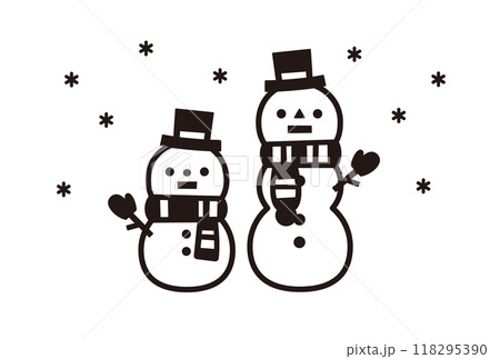 かわいい2つの雪だるまの線画のクリップアート、白黒の雪だるまのイラスト素材セット 118295390