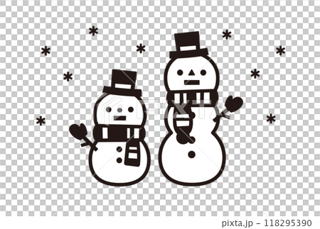 かわいい2つの雪だるまの線画のクリップアート、白黒の雪だるまのイラスト素材セット 118295390