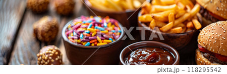 Assorted fast food items including burgers, fries, dipping sauces, and a bowl of colorful sprinkles on a rustic wooden table. 118295542
