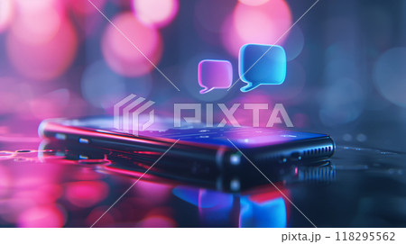 A modern smartphone displaying glowing speech bubbles, symbolizing digital communication and technology against a blurred, colorful background. 118295562