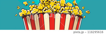 Illustration of a bucket of popcorn with a striped red and white pattern against a blue background. Ideal for cinema and snack themes. 118295616