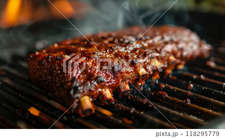 Juicy, delicious BBQ ribs grilling on open flame. Perfectly cooked pork ribs with a smoky, caramelized glaze on a hot grill. 118295779