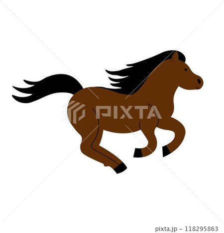 Flat illustration of a brown horse with a black mane and tail in a jumping running motion. 118295863