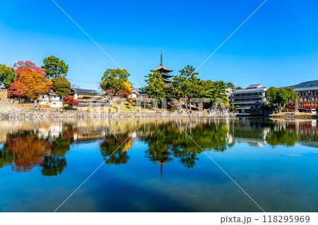 【奈良県】爽やかな青空が広がる猿沢池と興福寺 118295969