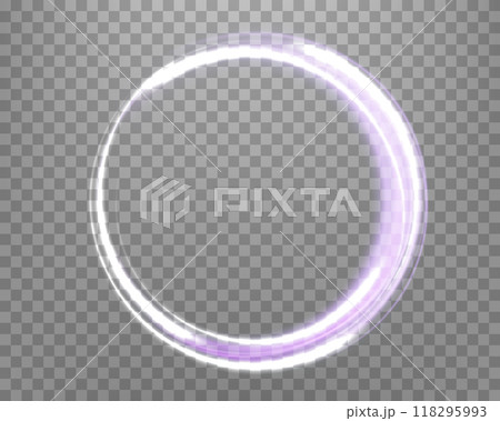 Silver and purple glowing magic ring. Neon realistic energy flare halo ring. Abstract light effect on a transparent background. Vector illustration. 118295993