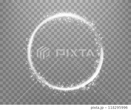 Silver magic ring with glowing. Neon realistic energy flare halo ring. Abstract light effect on a transparent background. Vector illustration. Silver magic ring with glowing. Neon realistic energy flare halo ring. Abstract light effect on a transparent background. Vector illustration. 118295996