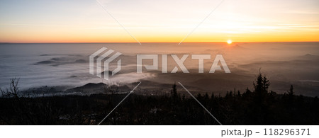 Hazy landscape at sunset time. View from Jested Mountain, Liberec, Czech Republic 118296371