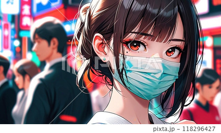 人混みの中でこちらを見ているマスク少女 人混みの中でこちらを見ているマスク少女 118296427