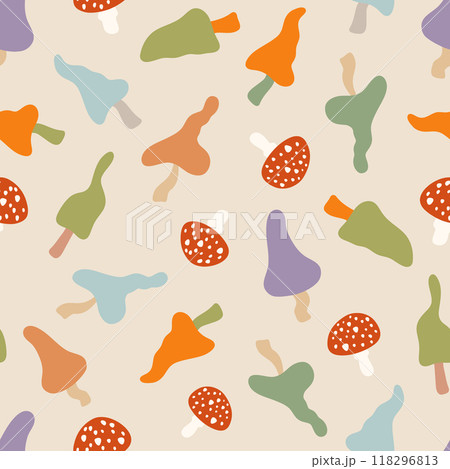 Colorful toadstools vector seamless pattern. Cute poisonous inedible red fly agaric and whimsical mushrooms on beige background. Fairy forest harvest, autumn repeat tile for Halloween, fall designs Colorful toadstools vector seamless pattern. Cute poisonous inedible red fly agaric and whimsical mushrooms on beige background. Fairy forest harvest, autumn repeat tile for Halloween, fall designs 118296813