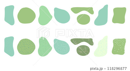 Set of organic irregular green blob shapes with decorative textures Random deform spot fluid circle Isolated on white background. Organic amoeba doodle drop Retro vector elements. Vector illustration Set of organic irregular green blob shapes with decorative textures Random deform spot fluid circle Isolated on white background. Organic amoeba doodle drop Retro vector elements. Vector illustration 118296877