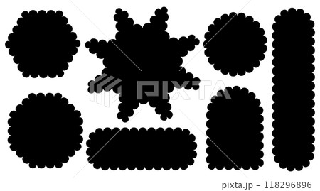 Set of scallop edge frames black shapes isolated on white background. Zigzag wavy forms Square, rectangle, circle, oval border Decorative collection Abstract design tag, stickers Vector illustrations. Set of scallop edge frames black shapes isolated on white background. Zigzag wavy forms Square, rectangle, circle, oval border Decorative collection Abstract design tag, stickers Vector illustrations. 118296896