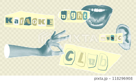 Karaoke music collage elements with halftone stickers hands lips and inscriptions Cut out from newspapers, magazines, torn paper Good idea for banner, flayer, poster design Vector illustration 118296908