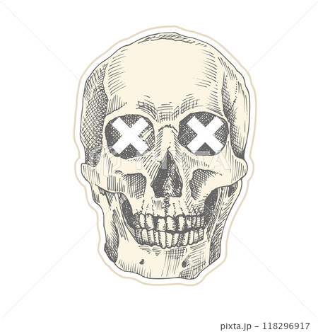 Vintage sticker human skull with white crosses. Art collage Zine Culture style. Hipster barber shop concept. Tattoo, t-shirt design Realistic hand drawn sketch. Skeleton head Vector illustration. 118296917