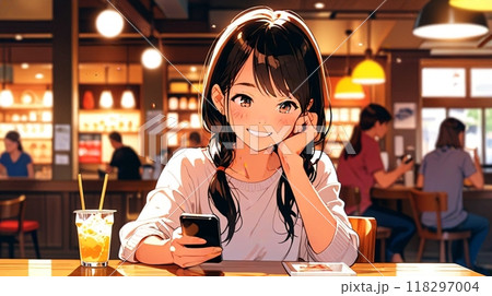 カフェでスマホを操作している女性のイラスト素材 [118297004] - PIXTA