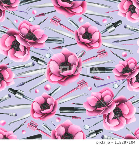 Cosmetics and brushes for eyes and eyebrows, tubes with pink anemone flowers. Watercolor illustration hand drawn. Seamless pattern on a lilac background. For eyelash extension and lamination. Cosmetics and brushes for eyes and eyebrows, tubes with pink anemone flowers. Watercolor illustration hand drawn. Seamless pattern on a lilac background. For eyelash extension and lamination. 118297104