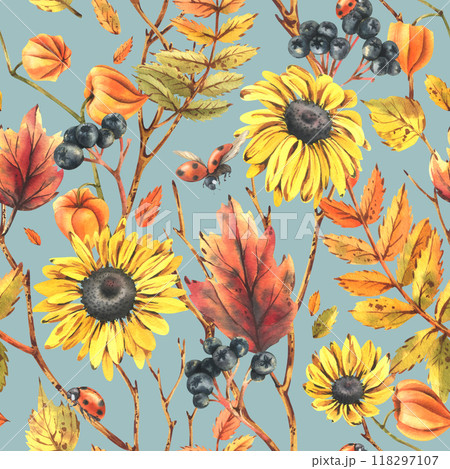 Autumn berries physalis, chokeberry, rowan leaves, maple, birch, rudbeckia flowers tree branches and ladybugs. Watercolor illustrations. Seamless pattern on a blue background 118297107