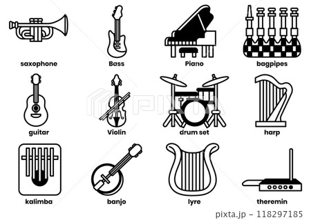 Set of illustrations in the concept of musical instruments in line drawing style 118297185
