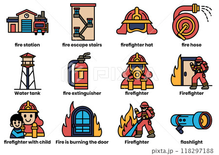 Set of illustrations in the concept of firefighters in line drawing style 118297188