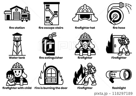 Set of illustrations in the concept of firefighters in line drawing style Set of illustrations in the concept of firefighters in line drawing style 118297189