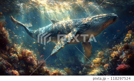Majestic humpback whale swimming through sunlit coral reef Majestic humpback whale swimming through sunlit coral reef 118297524