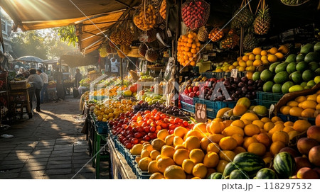 Open air market stall displaying fresh fruits and vegetables for sale 118297532