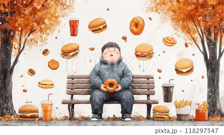 Overweight man sitting on bench with junk food raining down in the background Overweight man sitting on bench with junk food raining down in the background 118297547