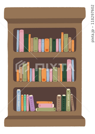茶色い本棚、本がたくさん並んでいる、シンプルな手描きのイラスト 118297602